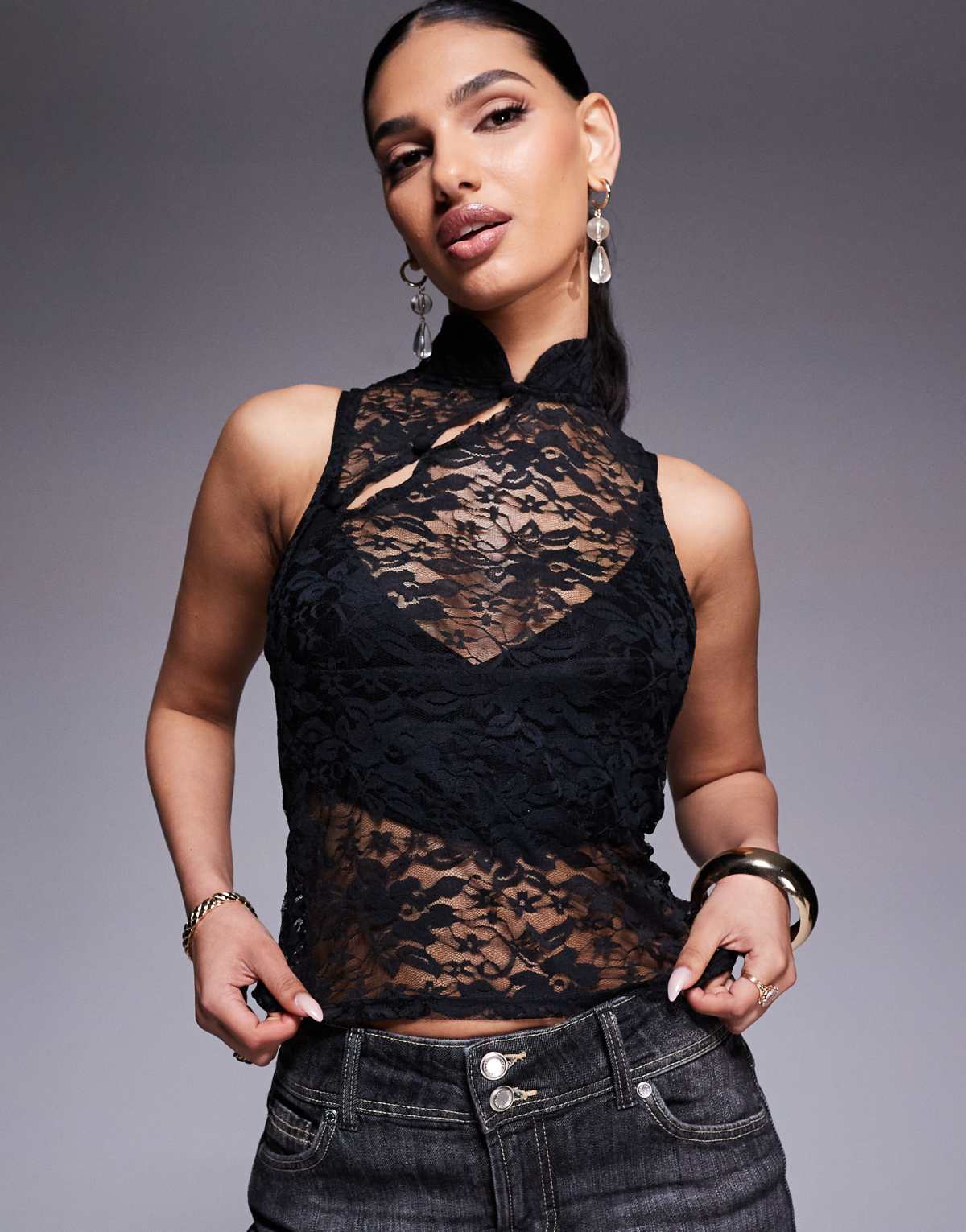 ASOS DESIGN fitted lace racer top with rouleau loop buttons detail in black