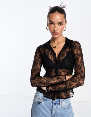 Public Desire lace hook and eye bandeau top co-ord in black