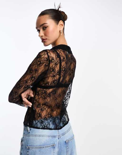 ASOS DESIGN fitted lace shirt in black