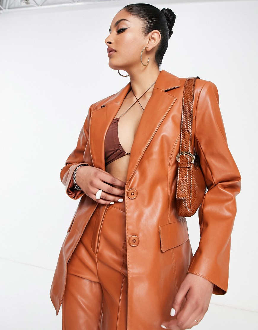 ASOS DESIGN fitted leather look blazer in rust brown