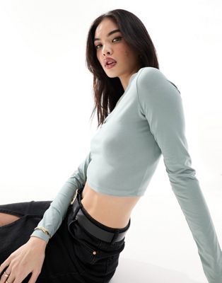 ASOS DESIGN fitted long sleeve crop top in sage
