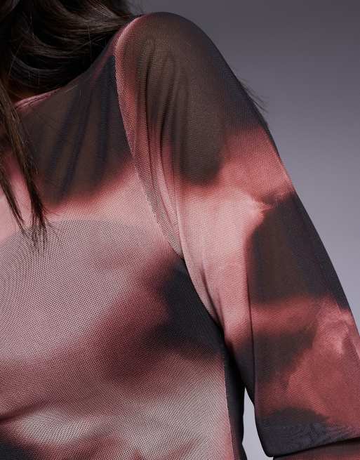 ASOS DESIGN fitted long sleeve mesh top in burnout print