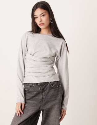 Asos Design Fitted Long Sleeve T-shirt With Waistband Detail In Gray
