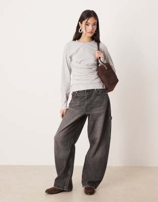 Asos Design Fitted Long Sleeve T-shirt With Waistband Detail In Gray