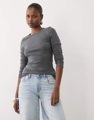 Asos Design Fitted Long Sleeve Top In Gray