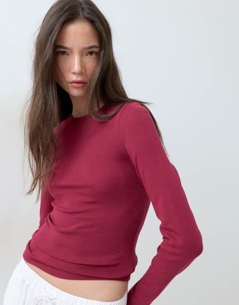 ASOS DESIGN fitted long sleeve top in deep red - view 1