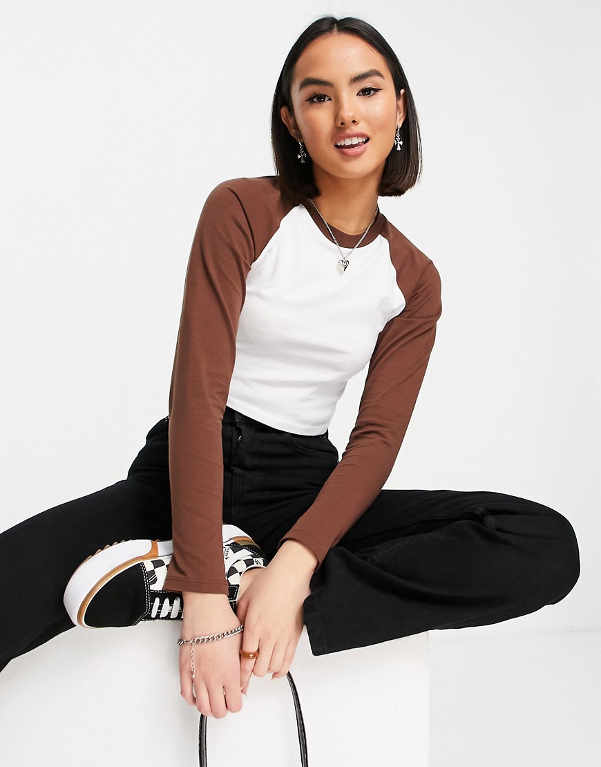 ASOS DESIGN fitted long sleeve top with contrast raglan in white with brown