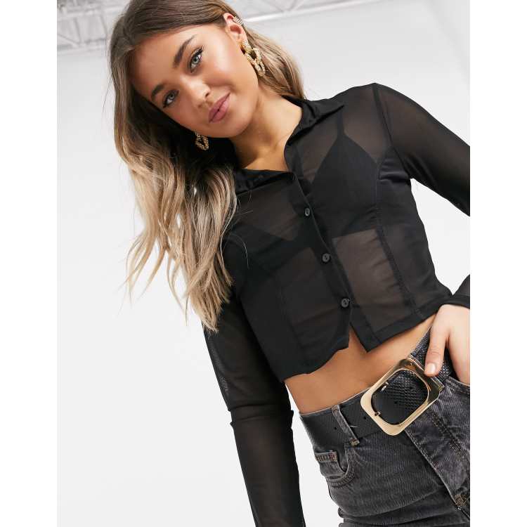 We Don't Mesh Cropped Button Up Shirt - Black