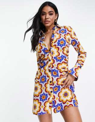 ASOS DESIGN fitted mini shirt dress in blue 70's floral print | ASOS