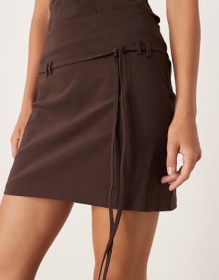 Asos Design Fitted Mini Skirt With Tie Detail In Brown