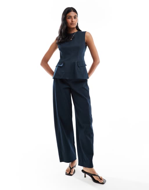 ASOS DESIGN fitted peplum top and barrel trousers co-ord in navy