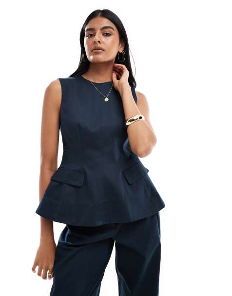 ASOS DESIGN fitted peplum top with tab detail co-ord in navy - view 1