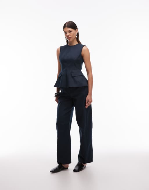 ASOS DESIGN fitted peplum top with tab detail in navy (part of a set), 2 of 4
