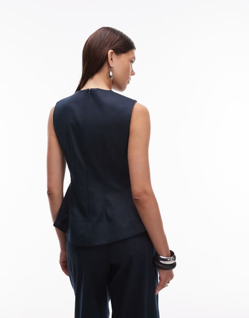 ASOS DESIGN fitted peplum top with tab detail in navy (part of a set), 4 of 4
