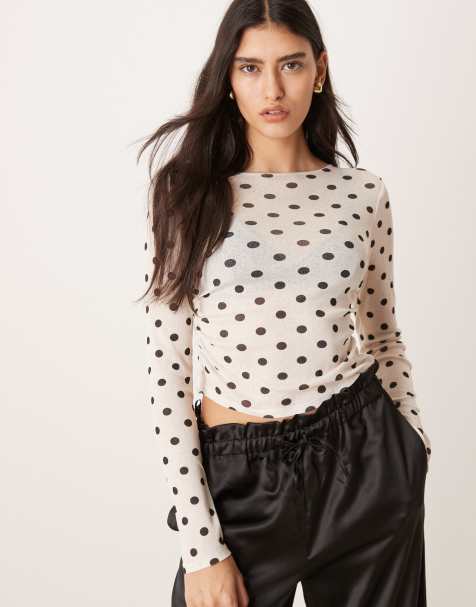 ASOS DESIGN fitted polka dot mesh long sleeve top in cream - view 1
