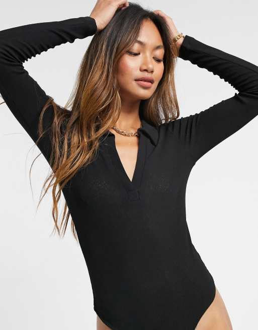 ASOS DESIGN fitted polo bodysuit in black