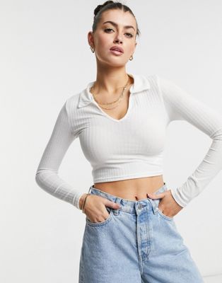 ASOS DESIGN fitted polo t-shirt in rib with long sleeve in white