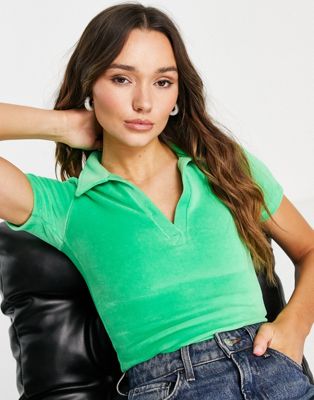 ASOS DESIGN fitted polo top in velour in green