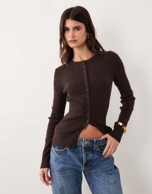 Asos Design Fitted Rib Knit Longline Cardigan In Brown
