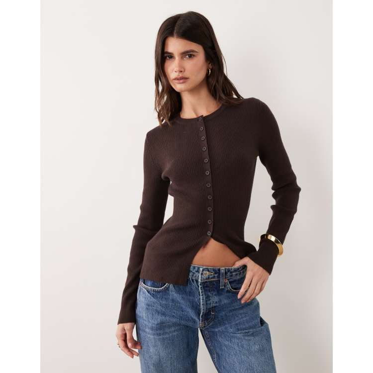 ASOS DESIGN fitted rib knit longline cardigan in chocolate | ASOS