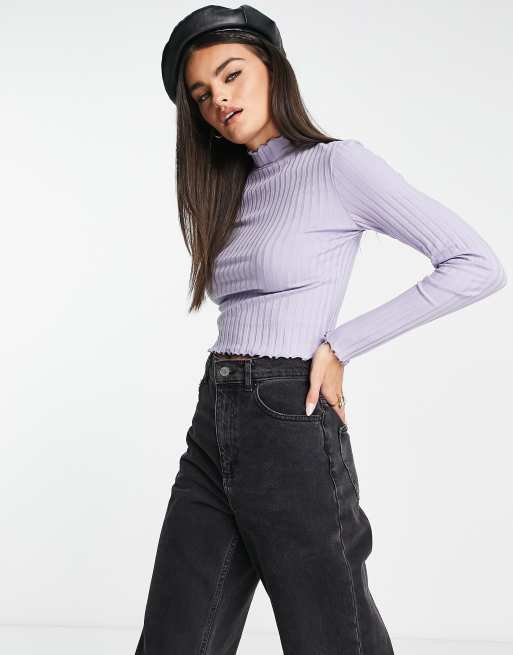 ASOS DESIGN fitted rib top with lettuce hem in lilac