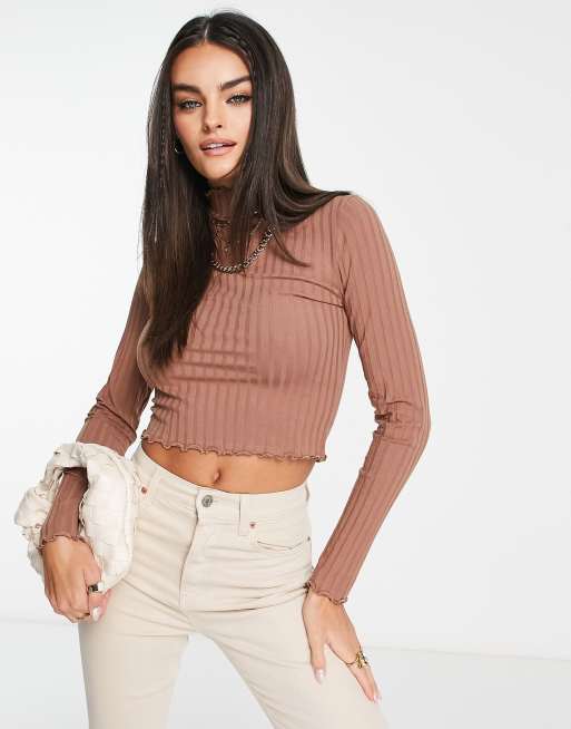 Only lettuce edge high neck ribbed top in brown