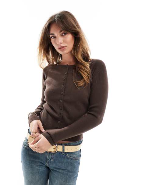 ASOS DESIGN fitted ribbed cardigan in chocolate - view 1