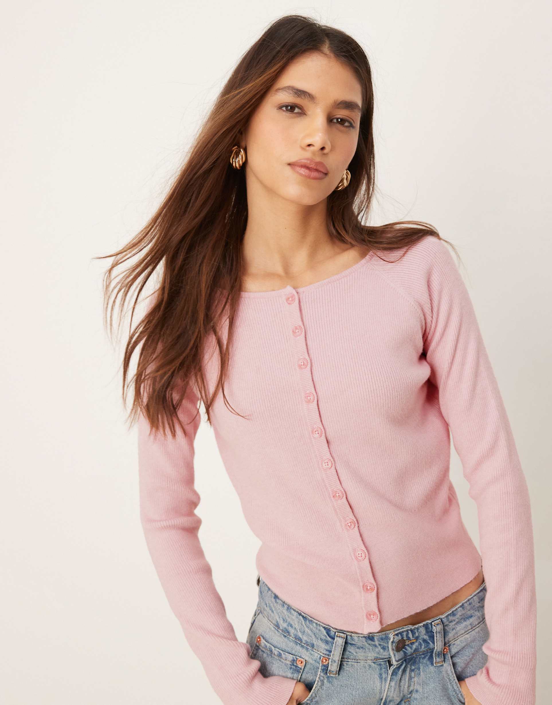 asos design fitted ribbed cardigan in pink