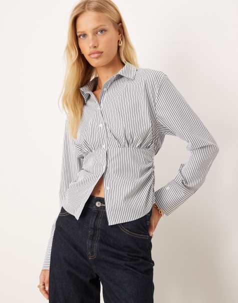 ASOS DESIGN fitted ruched shirt in black stripes - view 1