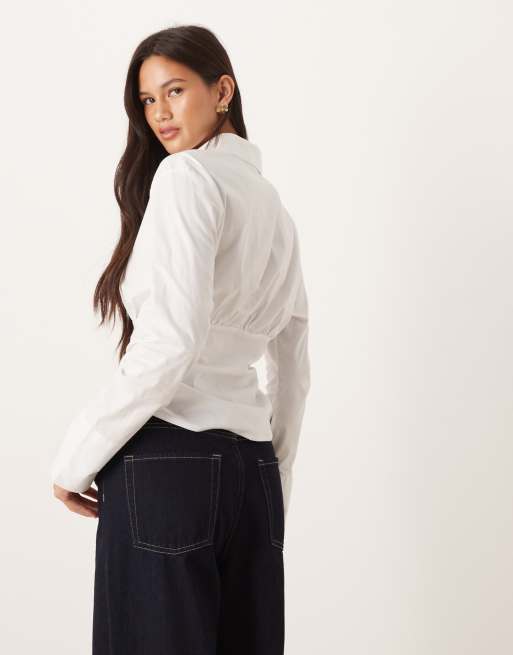 ASOS DESIGN fitted ruched shirt in white, 3 of 4