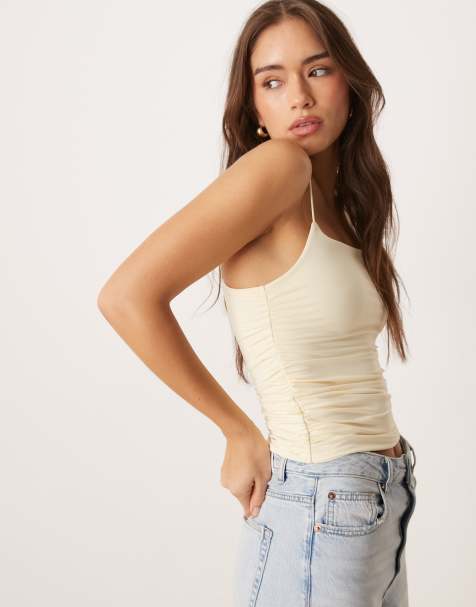 ASOS DESIGN fitted ruched side cami top with spaghetti straps in slinky in butter yellow - view 1
