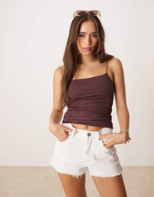 Asos Design Fitted Ruched Side Cami Top With Spaghetti Straps In Brown
