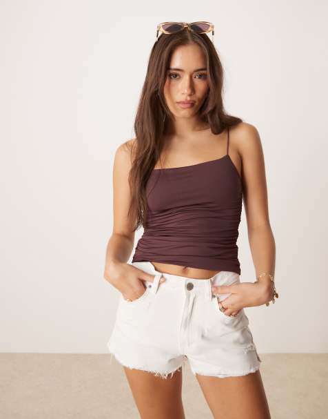 ASOS DESIGN fitted ruched side cami top with spaghetti straps in slinky in chocolate - view 1