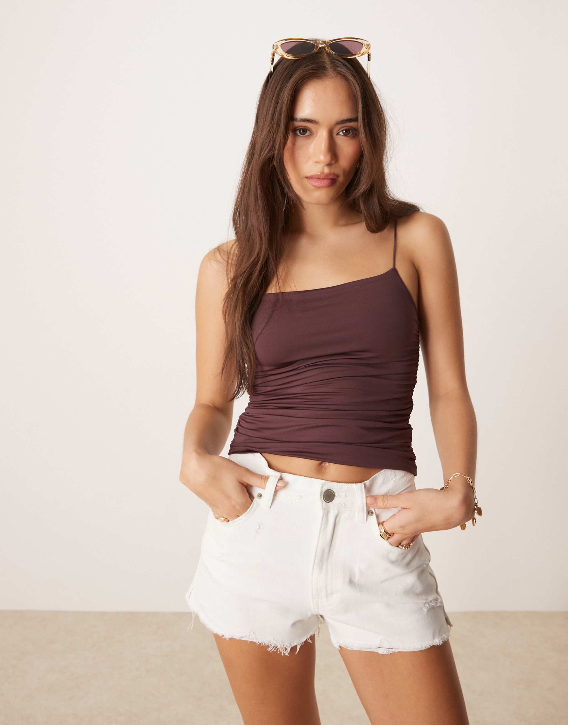 asos design fitted ruched side cami top with spaghetti straps in slinky in chocolate