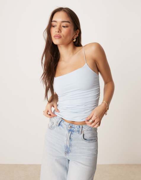 ASOS DESIGN fitted ruched side cami top with spaghetti straps in slinky in light blue - view 1