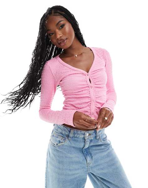 ASOS DESIGN fitted ruched v neck cardigan in pink - view 1