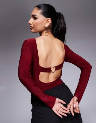 Asos Design Fitted Scoop Back Bodysuit With Heart Detail In Burgundy-red