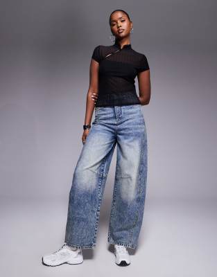 Asos Design Fitted Shirred Mesh Top With Rouleau Loop Button Details