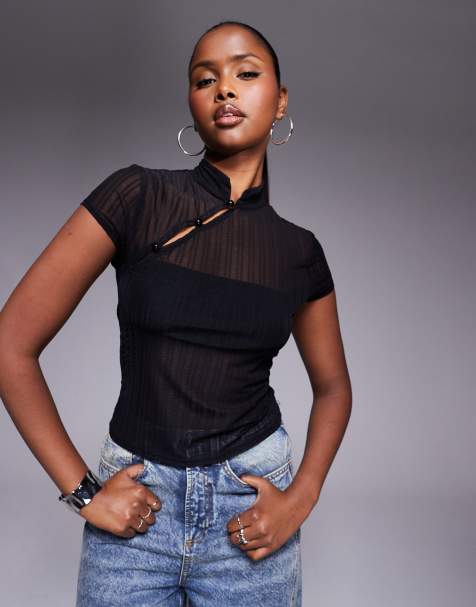 ASOS DESIGN fitted shirred mesh top with rouleau loop buttons detail in black - view 1