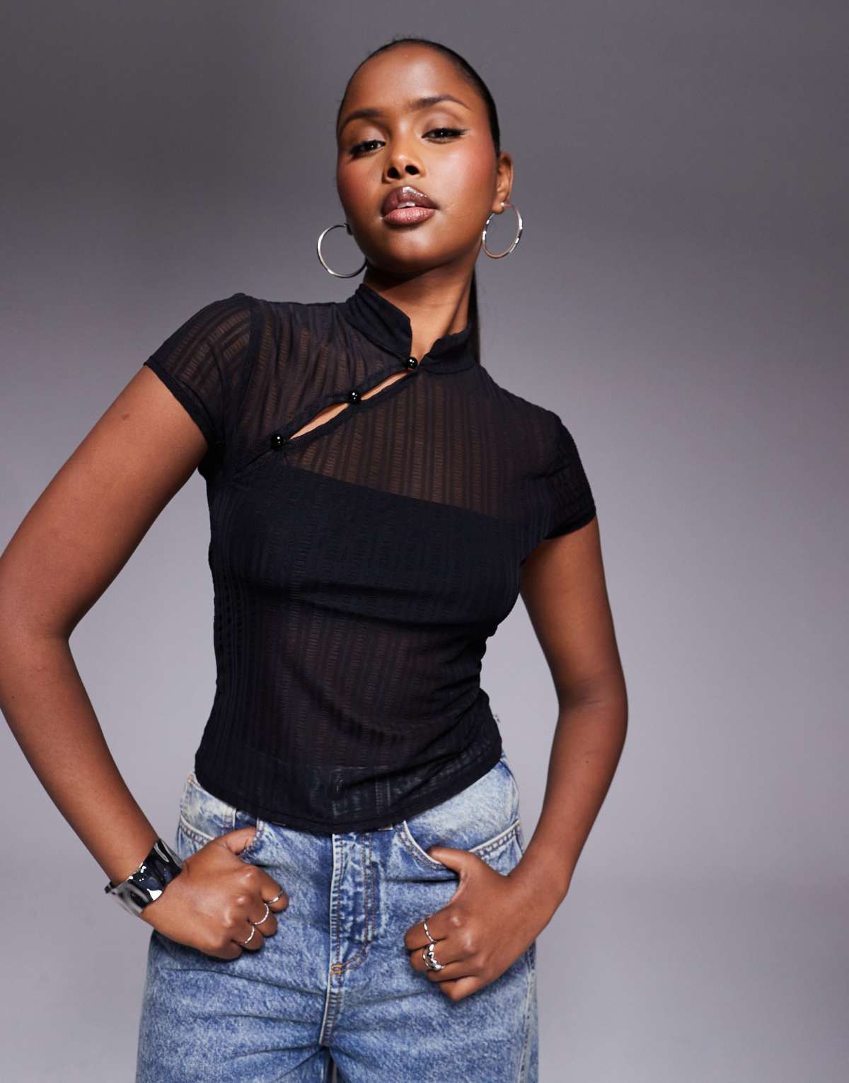 ASOS DESIGN fitted shirred mesh top with rouleau loop buttons detail in black