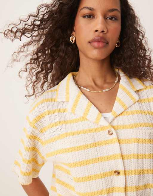 ASOS DESIGN fitted shirt co-ord with pocket detail in knit yellow stripe, 3 of 4