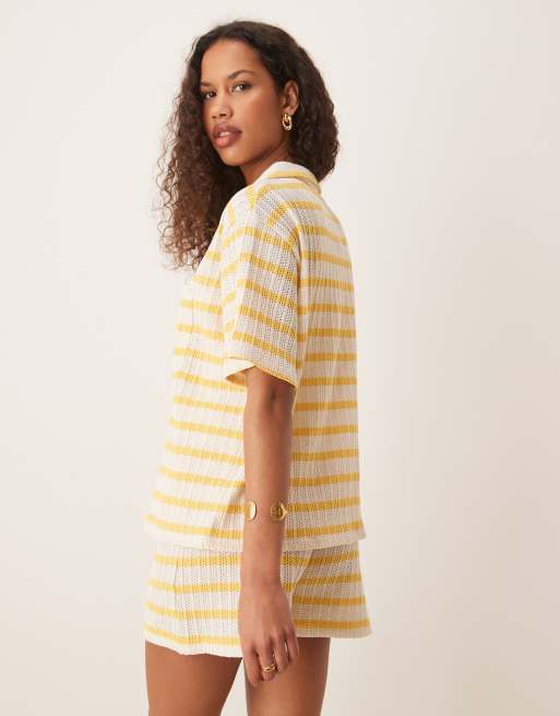 ASOS DESIGN fitted shirt co-ord with pocket detail in knit yellow stripe, 4 of 4