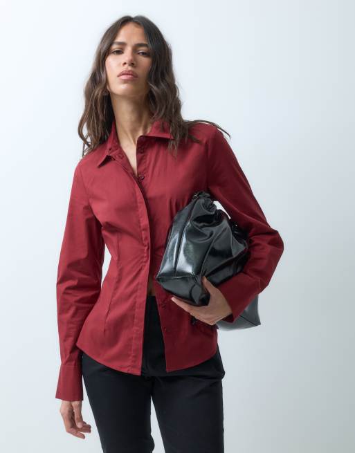 ASOS DESIGN fitted shirt in burgundy, 2 of 8