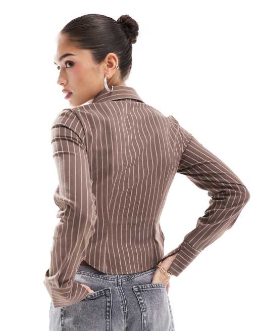 ASOS DESIGN fitted shirt in chocolate pinstripe