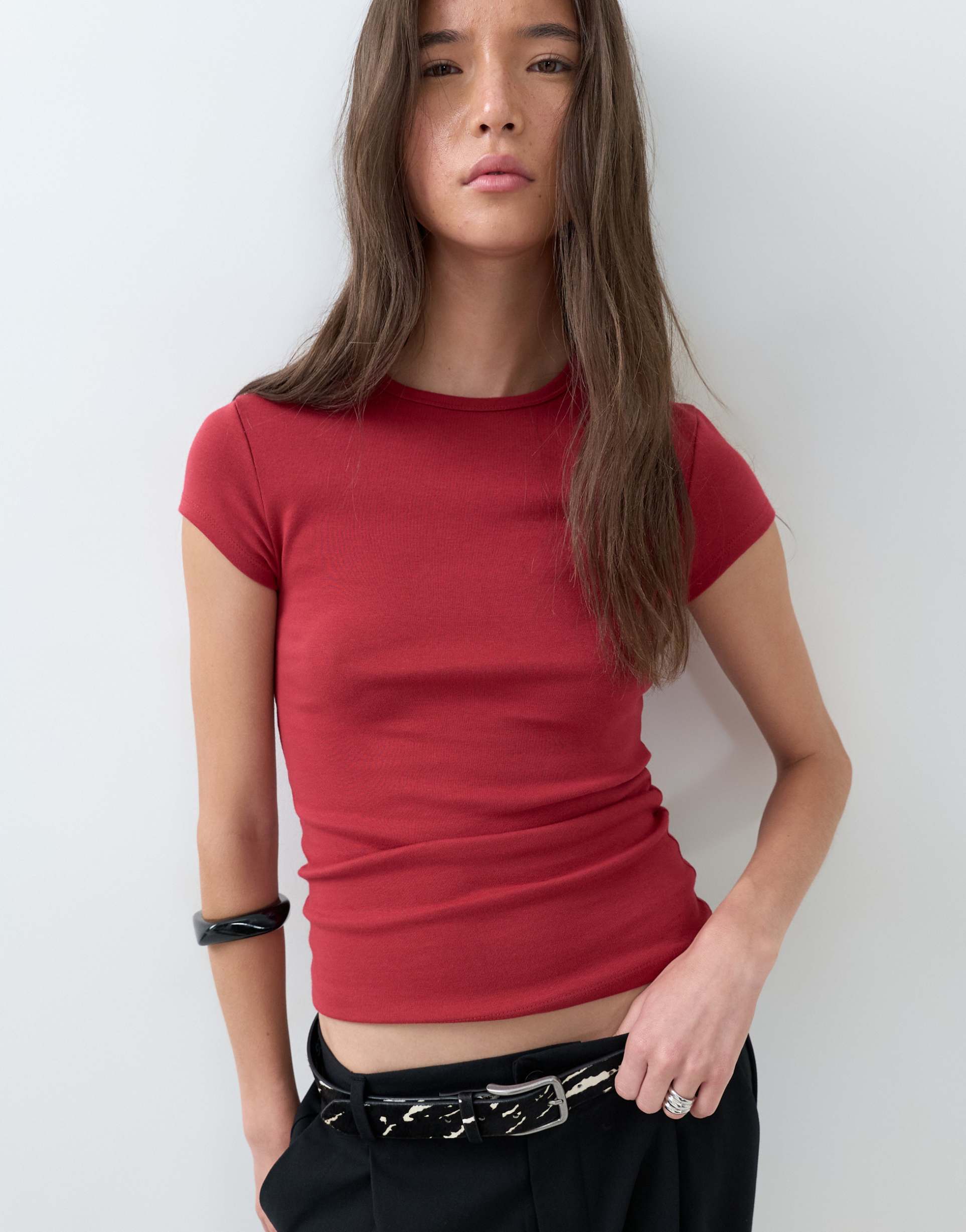 asos design fitted short sleeve baby tee in deep red