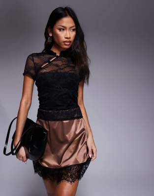 Asos Design Fitted Short Sleeve Lace Top With Rouleau Loop Button Detail In Black