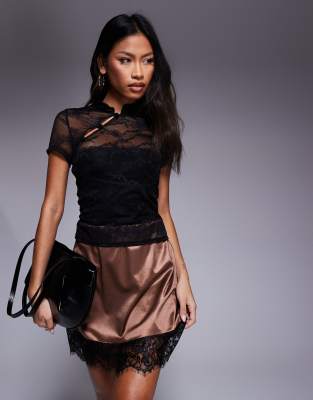 Asos Design Fitted Short Sleeve Lace Top With Rouleau Loop Button Detail In Black