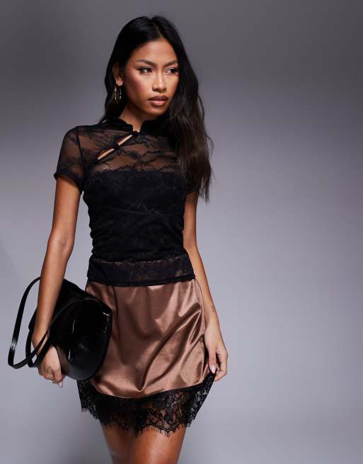 ASOS DESIGN fitted short sleeve lace top with rouleau loop button detail in black