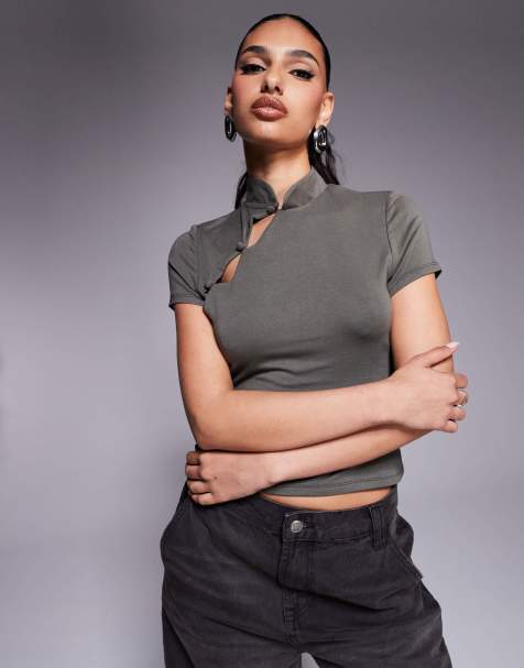 ASOS DESIGN fitted short sleeve top with rouleau loop button detail in khaki green - view 1