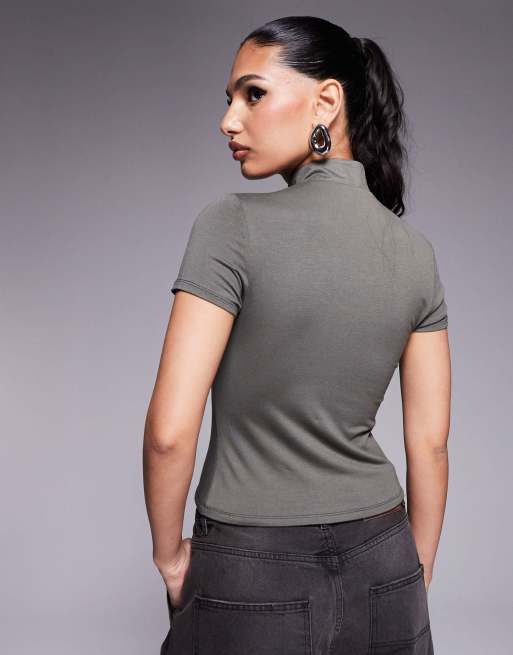 ASOS DESIGN fitted short sleeve top with rouleau loop button detail in khaki green